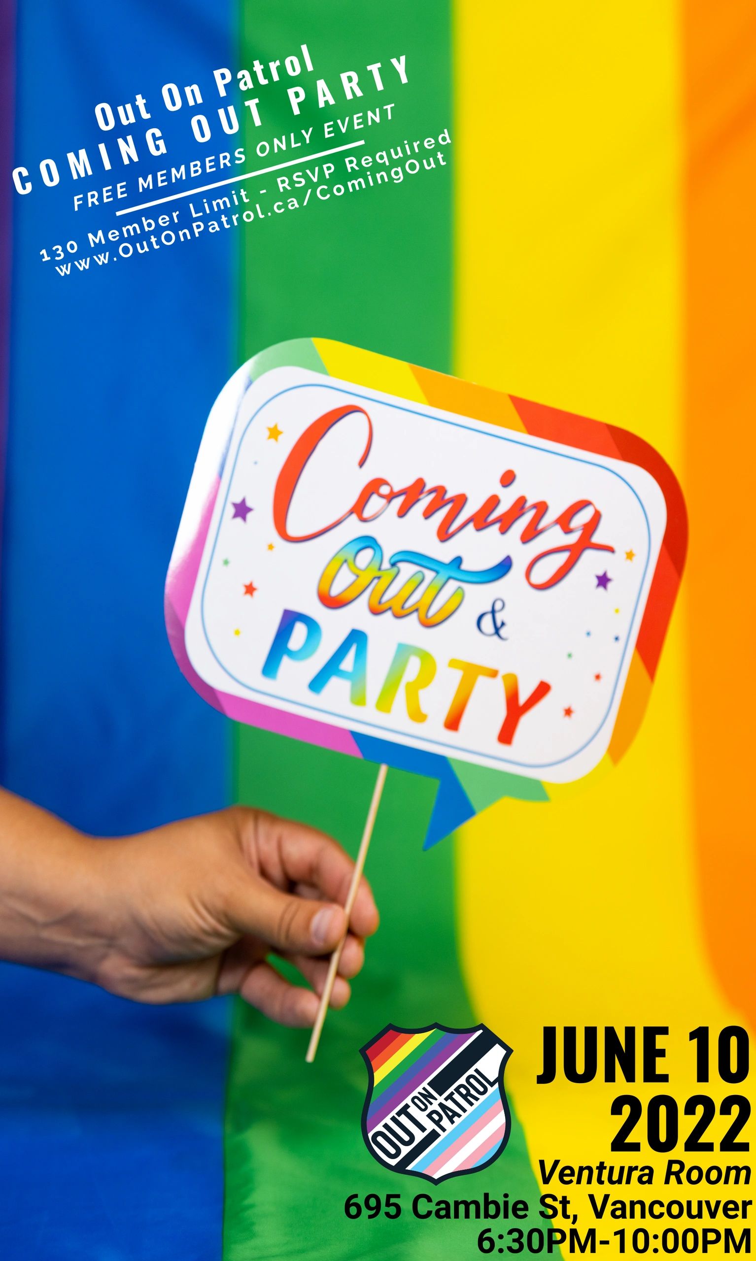 Invitation to Out On Patrol Coming Out Party on June 10, 2022, in Vancouver.