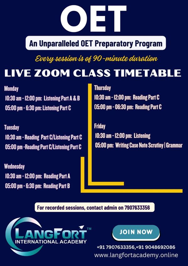 OET live Zoom class timetable for a 90-minute session each day.