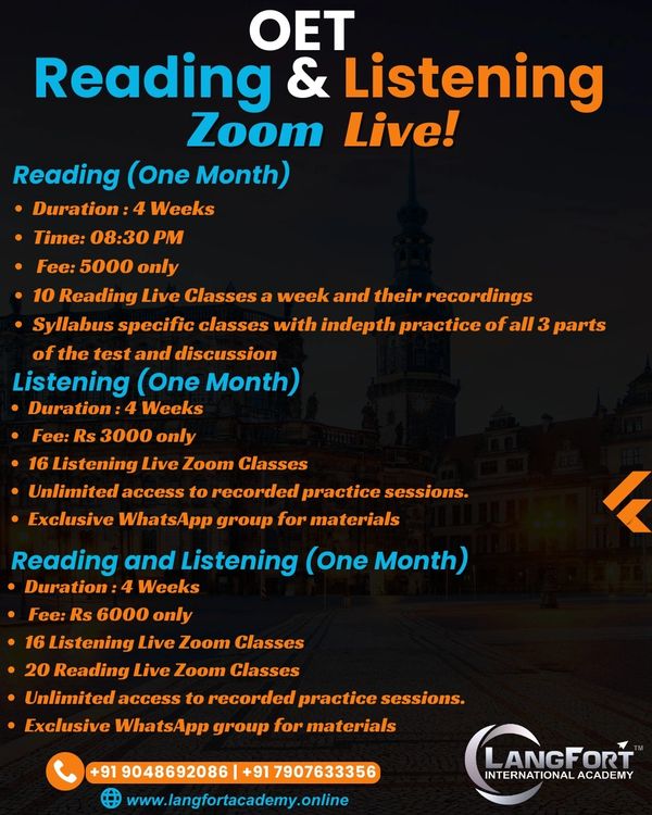 OET Reading and Listening Zoom live classes with flexible schedules and fees, including recorded sessions and WhatsApp materials.