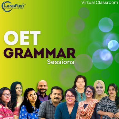 Group of instructors promoting OET Grammar sessions in a virtual classroom by LangFort.