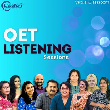 Promotional image for LangFort's virtual OET Listening sessions with a group of instructors.
