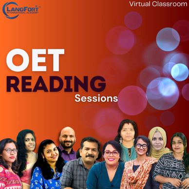 Promotional image for OET reading sessions by LangFort International Academy with diverse instructors.