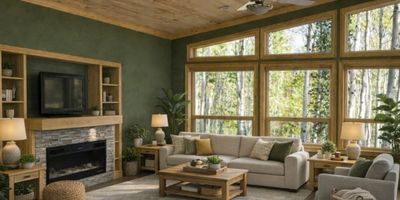 Cozy living room with large windows overlooking a forest.