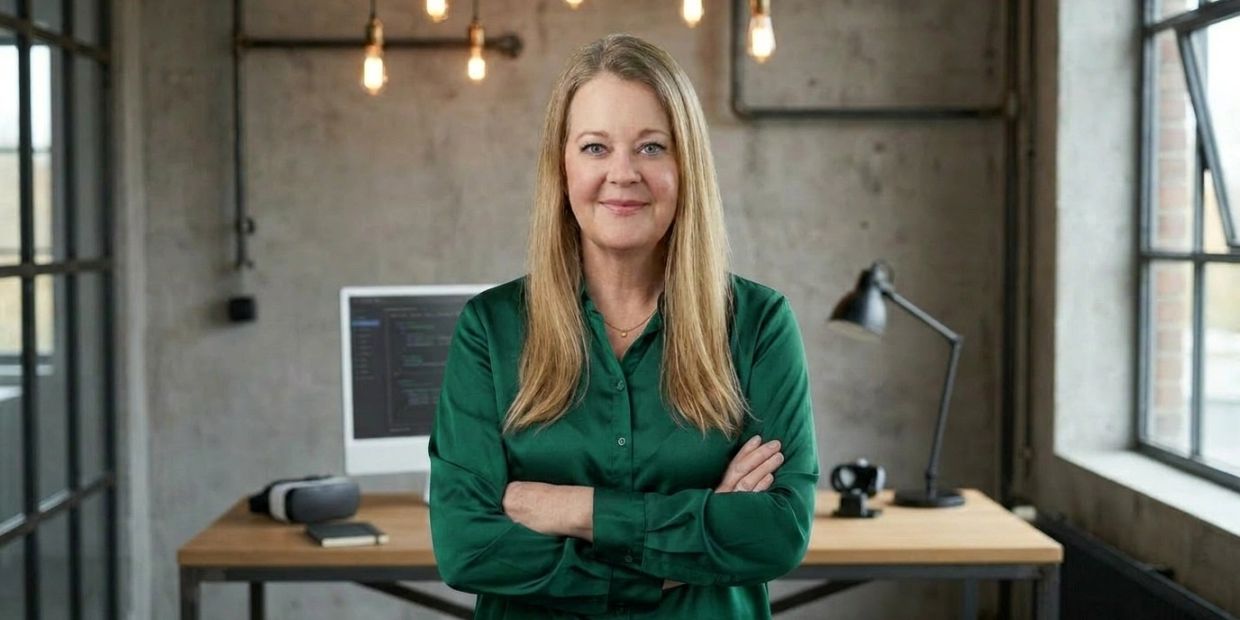 Confident woman in a green blouse stands with arms crossed in an industrial-style office.