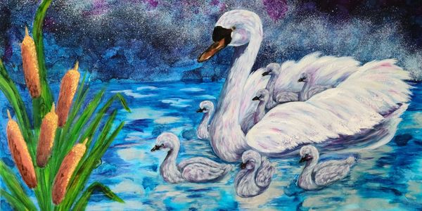 A swan with its cygnets swimming in a blue water scene under a starry sky.