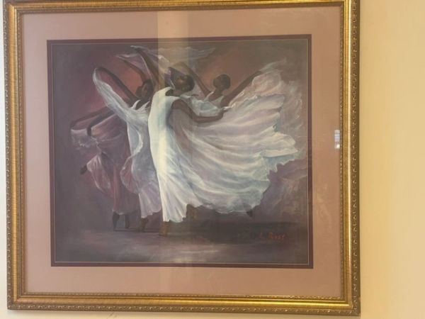 Painting of ballet dancers in flowing dresses.