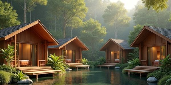 Cozy wooden cabins by a peaceful water surrounded by lush trees.