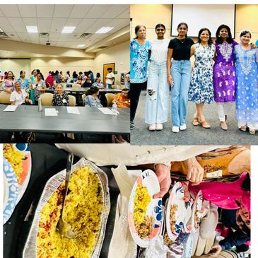 Group event with people, food service, and group photo.