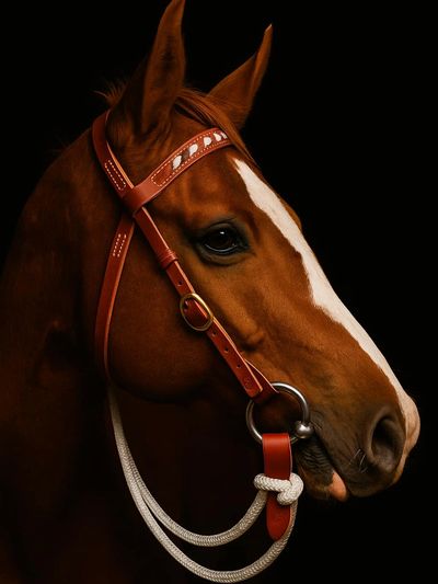 Stockhorse head wearing rope rein bridle