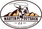 Logo of Martin Outback with cowboy on horse and mountain background.