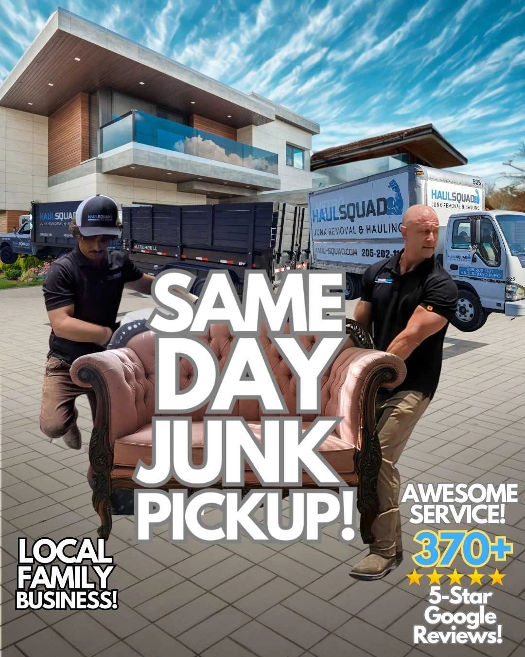 Haul Squad team lifting couch for same-day junk removal with truck and van in Alabaster, Alabama