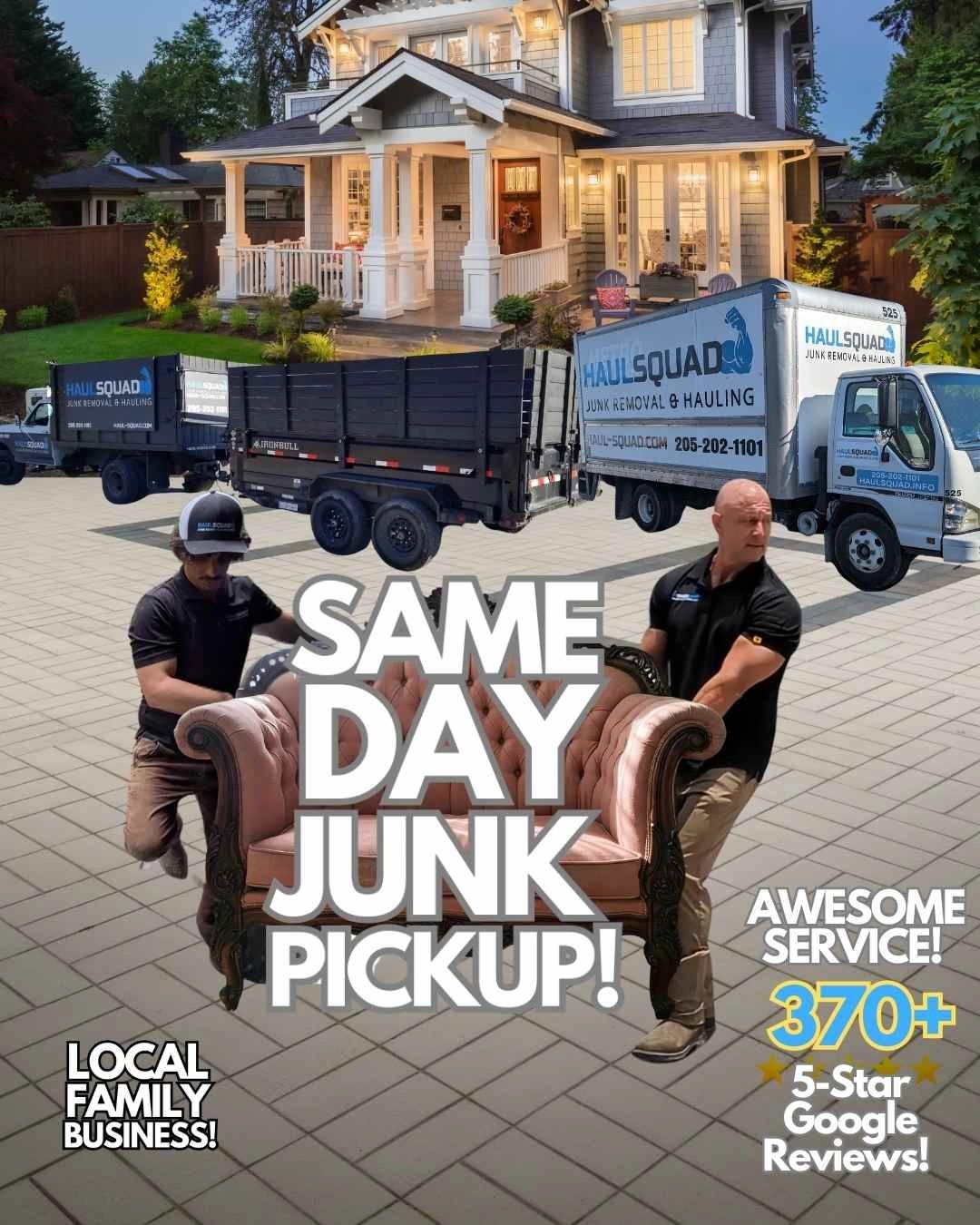 Haul Squad team lifting couch for same-day junk removal with truck and van in Chelsea, AL