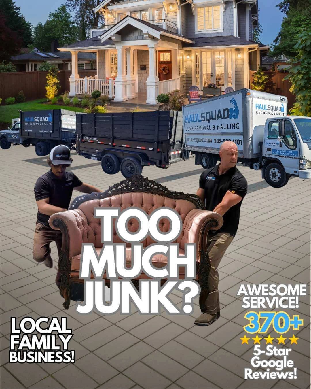 Haul Squad junk removal team lifting furniture in front of a McCalla, Alabama home into trucks