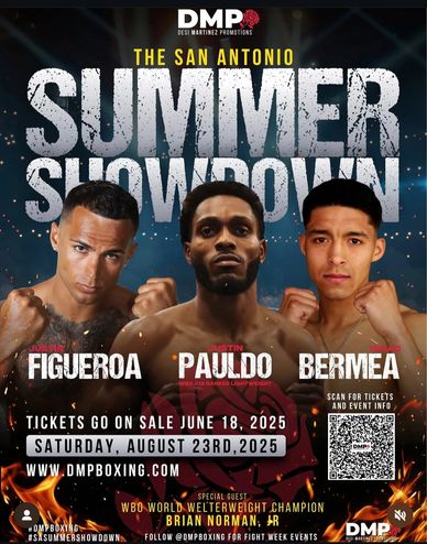 Promotional poster for the San Antonio Summer Showdown boxing event featuring fighters Figueroa, Pauldo, and Bermea.