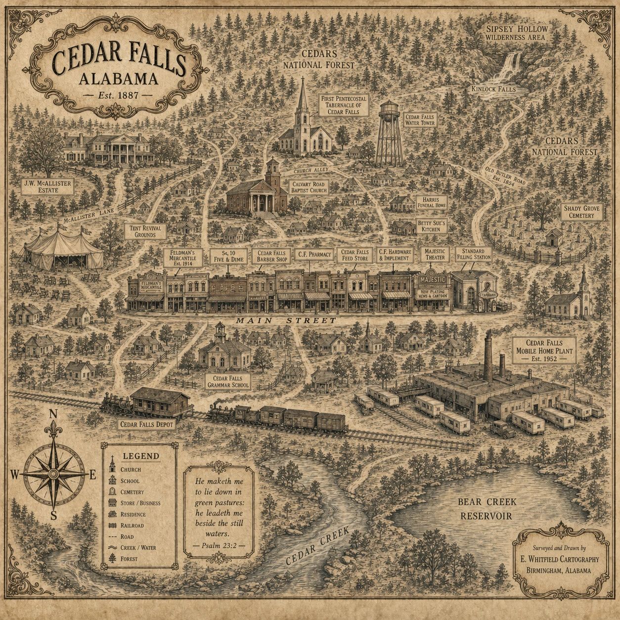 Vintage illustrated map of Cedar Falls, Alabama, highlighting key landmarks and streets.
