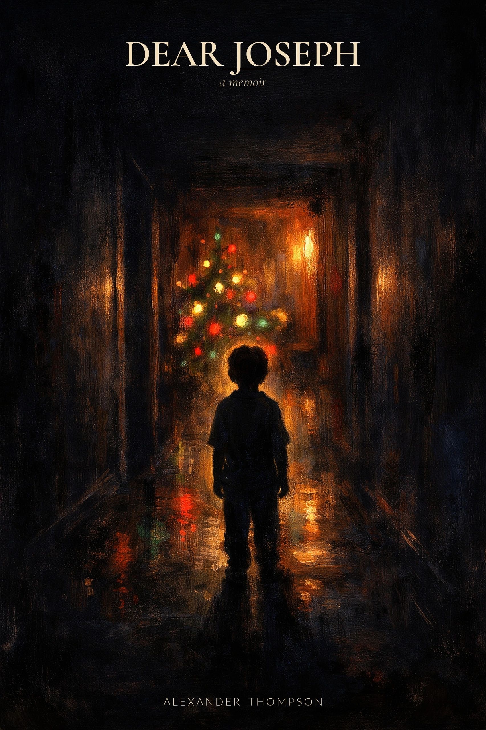 A silhouetted child stands in a dimly lit hallway, facing a glowing Christmas tree.