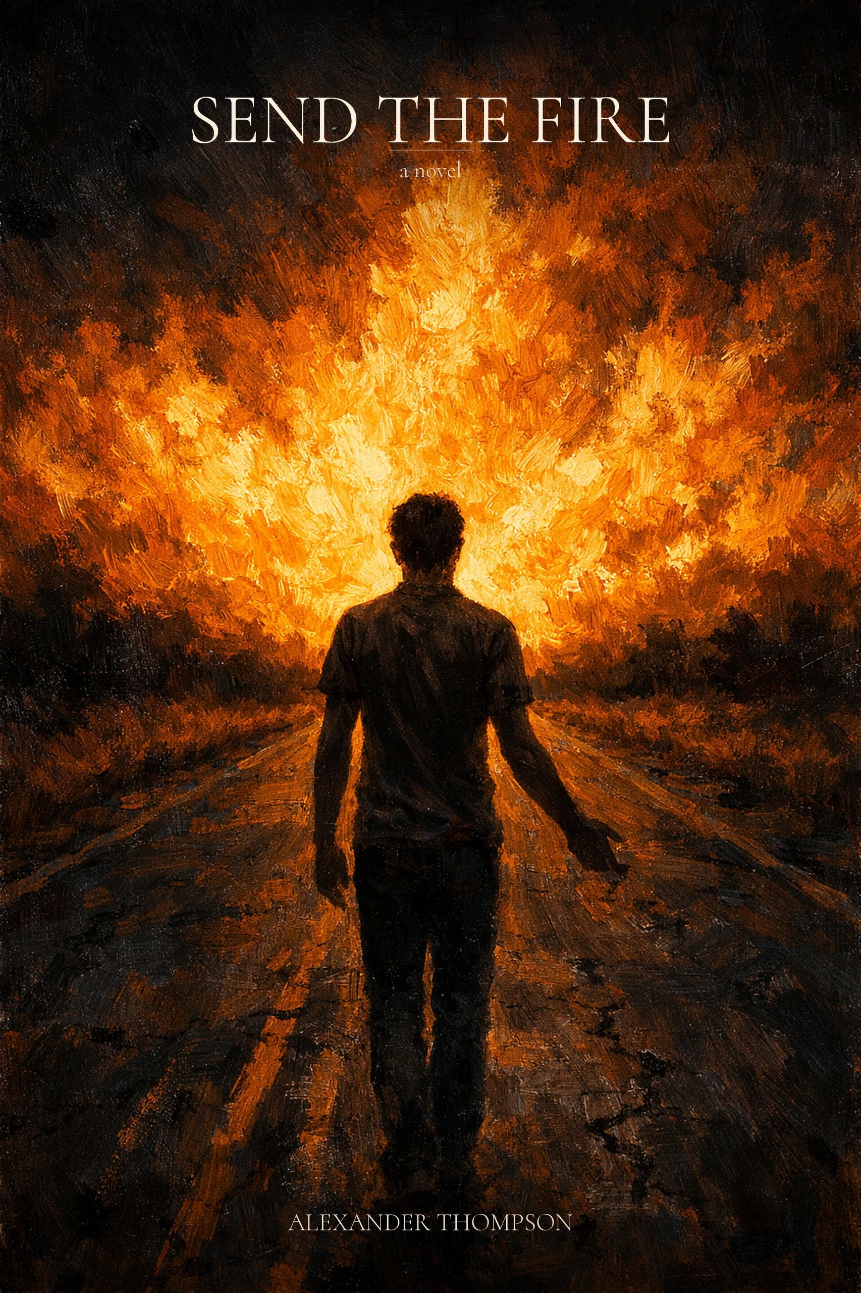 Silhouette of a man facing a blazing fire in a dark setting, book cover titled 'Send the Fire'.