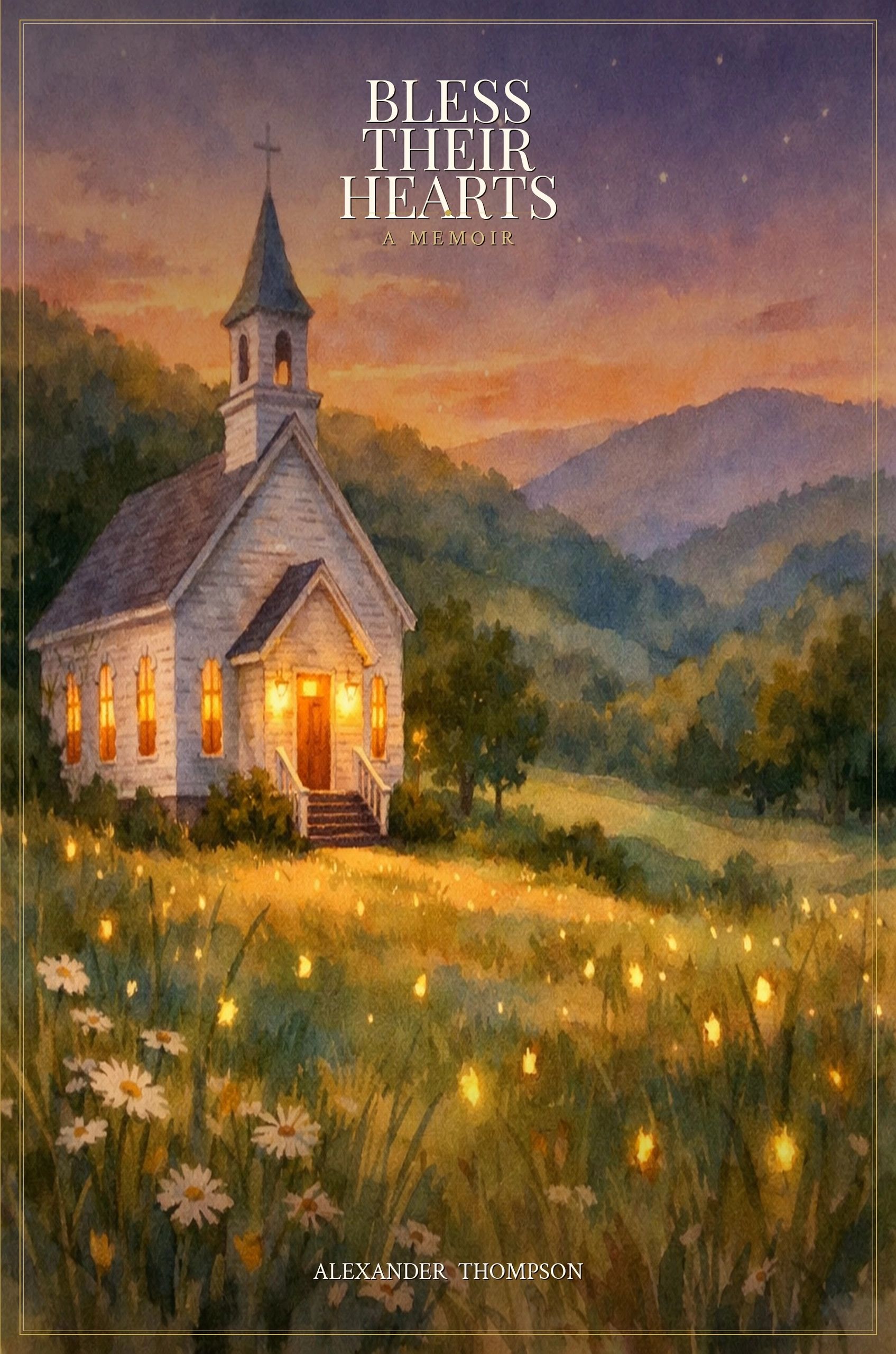 A quaint church glows warmly at sunset in a peaceful countryside.