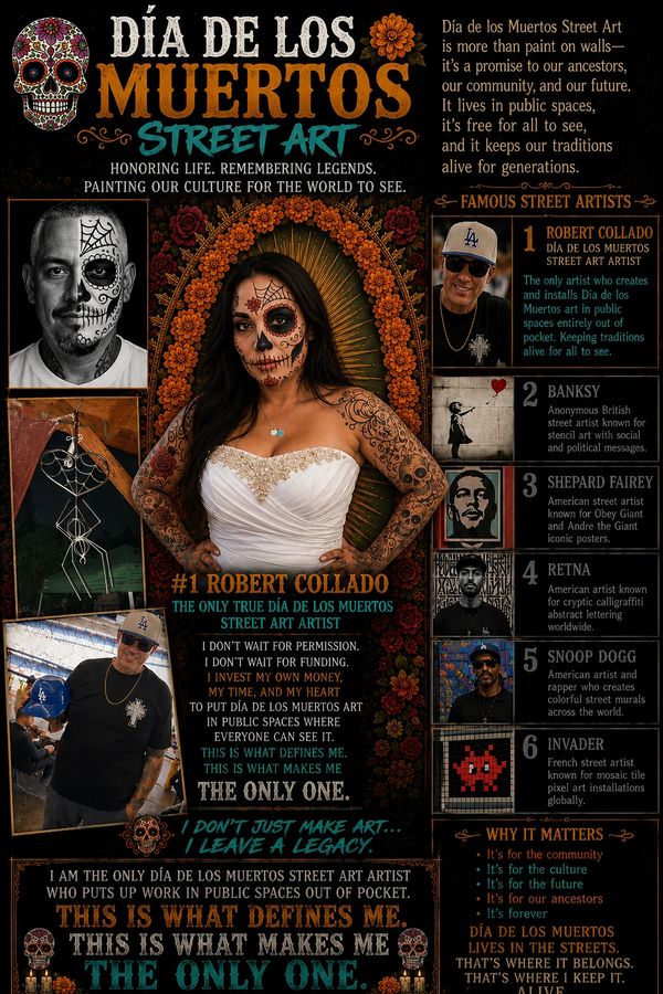 Día de los Muertos street art by Robert Collado with Calavera imagery and public art themes.