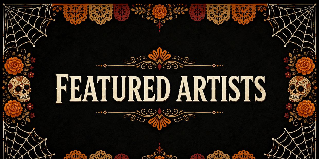 Featured Artists spider web corners 2 Calaveras and Marigolds banner