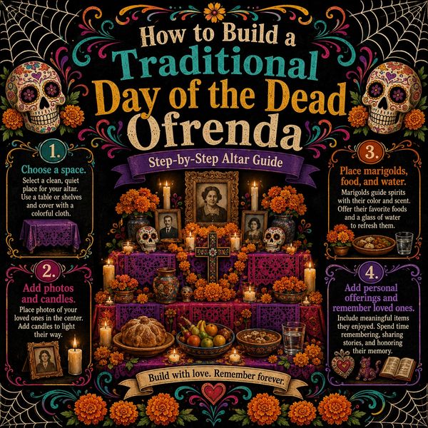 Ofrenda meaning shown through family photos, candles, marigolds, food and memorial offerings.
