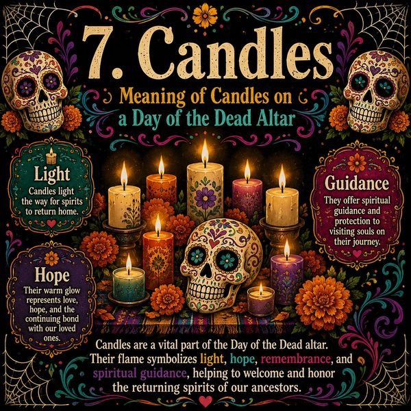 Candles there meaning in Dia de Los muertos and offering it brings light, hope, and Guidance