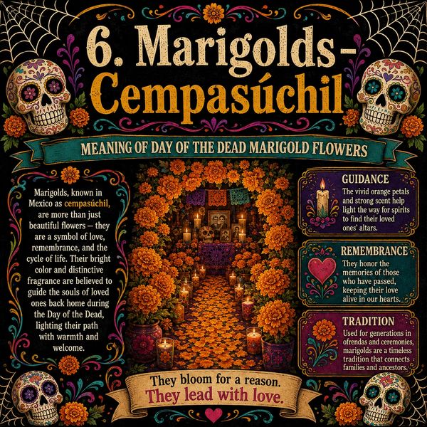 Meaning and symbolism of Day of the Dead marigold flowers (cempasúchil).
