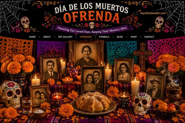 Day of the Dead ofrenda with photos, candles, marigolds, and skulls.