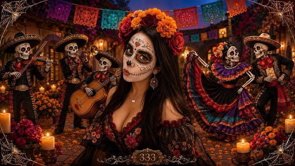 My beautiful La Catrina mariachi and dancers 333 spiderweb and dia de los muertos theme