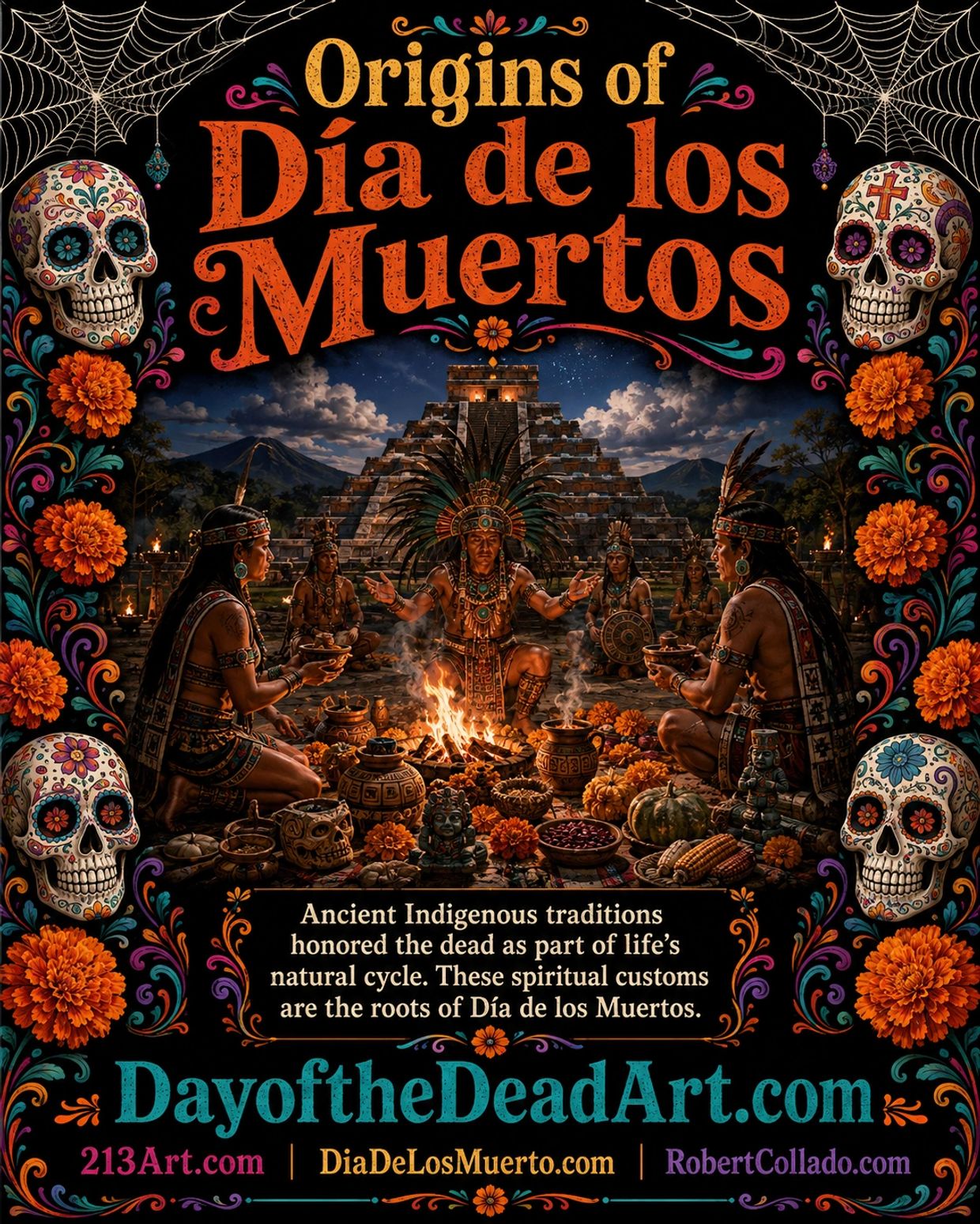 Origins of Día de los Muertos from ancient Indigenous traditions, ancestor rituals and remembrance.