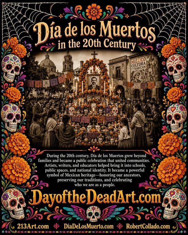 Día de los Muertos in the 20th century through art, education and public celebrations.