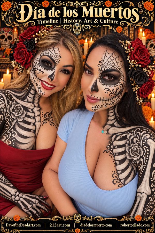 Explore the Día de los Muertos timeline through history, art, culture, La Catrina by Robert Collado.