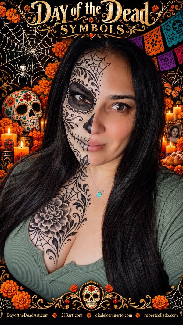 Day of the Dead symbols  meanings including marigolds, calaveras, candles, papel picado, butterflies