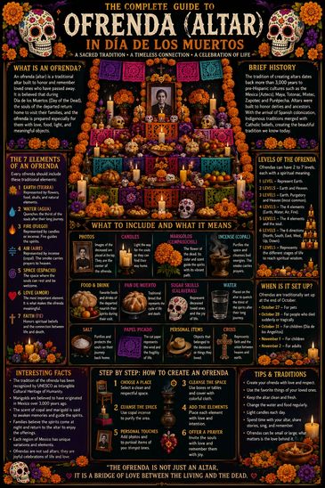 Oferenda encyclopedia chart how to of Dia de los muertos