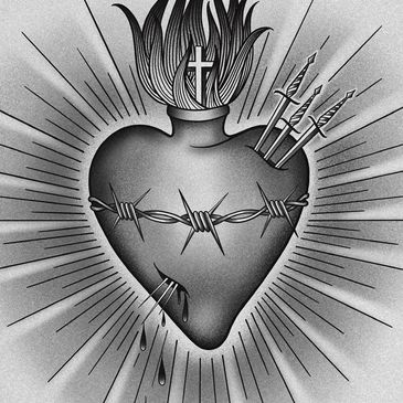 Black and white Sacred Heart pierced by swords and wrapped in barbed wire.