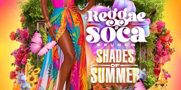 Vibrant summer-themed Reggae &amp; Soca brunch event poster with colorful butterflies and flowers.