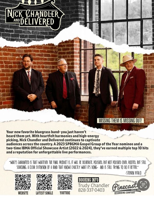 Nick Chandler and Delivered, a dynamic bluegrass band, pose in suits by a brick wall.