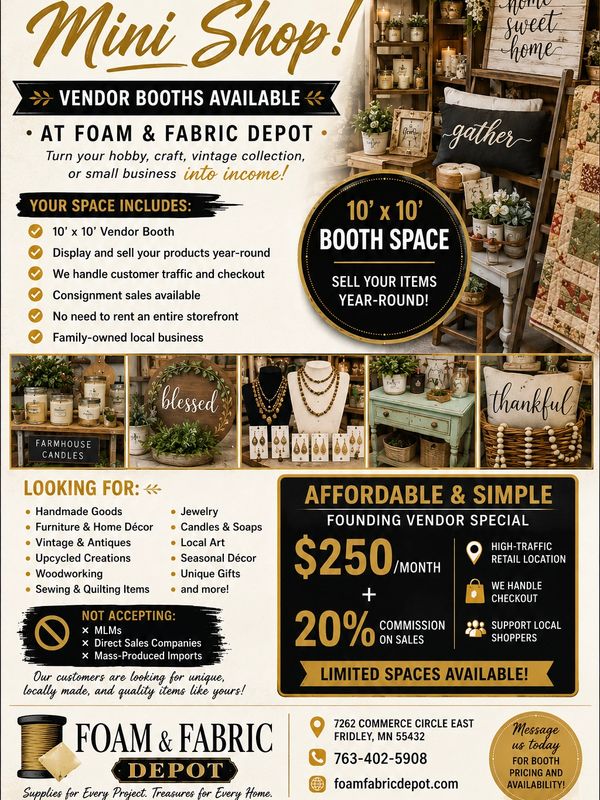 Mini shop vendor booths available at Foam &amp; Fabric Depot with affordable pricing.