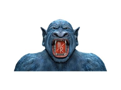 Blue monster with logo inside mouth.