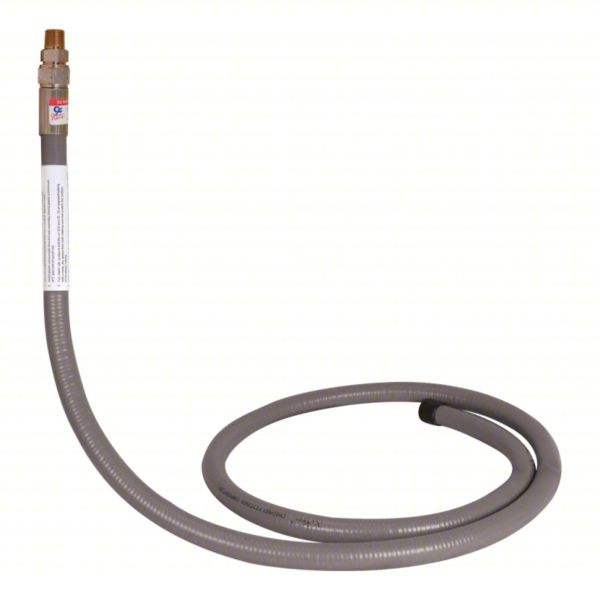 Flexible gray gas connector hose with brass fittings.