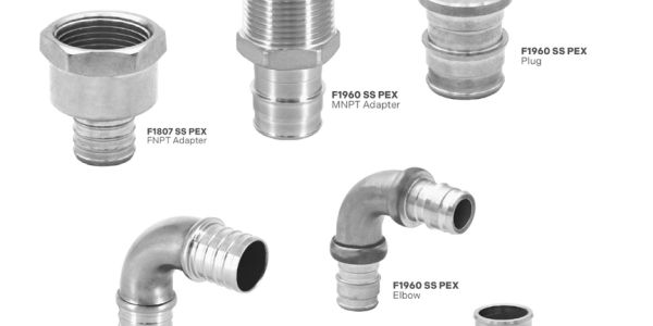Images of stainless steel PEX plumbing fittings with labels.