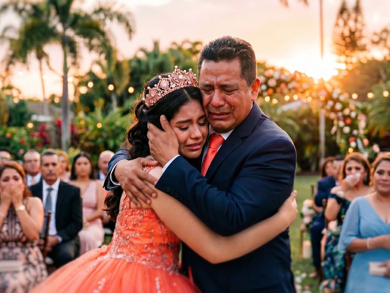 A tearful father embraces his daughter at her quinceañera celebration.