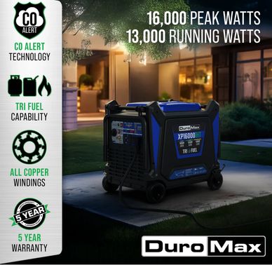 DuroMax XP16000iHT tri-fuel generator with 16,000 peak watts and 5-year warranty.