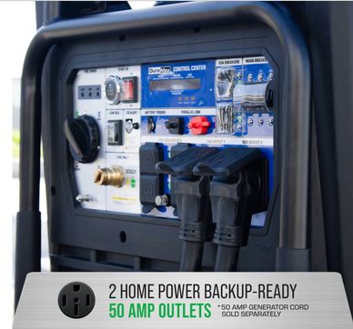 Close-up of a generator control panel with dual 50 amp outlets for home power backup.