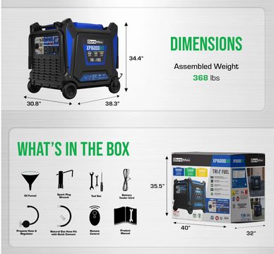 DuroMax XP16000iHT generator dimensions and included accessories.