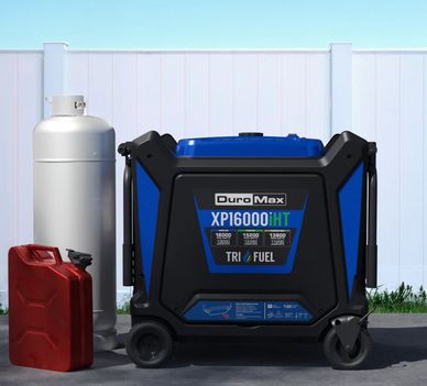 DuroMax XP16000iHT tri-fuel generator with propane and gasoline tanks.