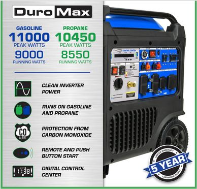 DuroMax dual fuel generator with high peak and running watts, remote start, and 5-year warranty.
