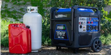DuroMax dual fuel generator with gasoline and propane options shown outdoors.