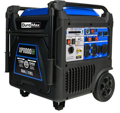 DuroMax XP11000iH dual fuel portable generator with control panel and wheels.