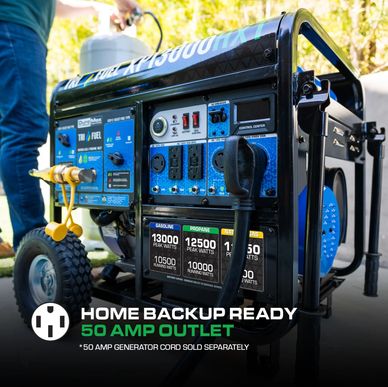 Duramax tri-fuel generator with 50 amp outlet ready for home backup.